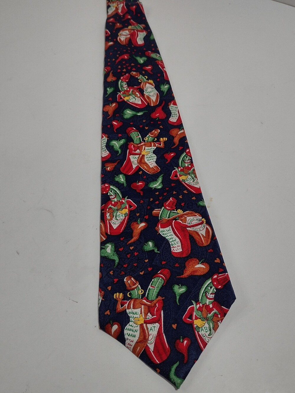 Tabasco Novelty Tie with Navy, Red and Green Hot Sauce Motifs 100% Silk